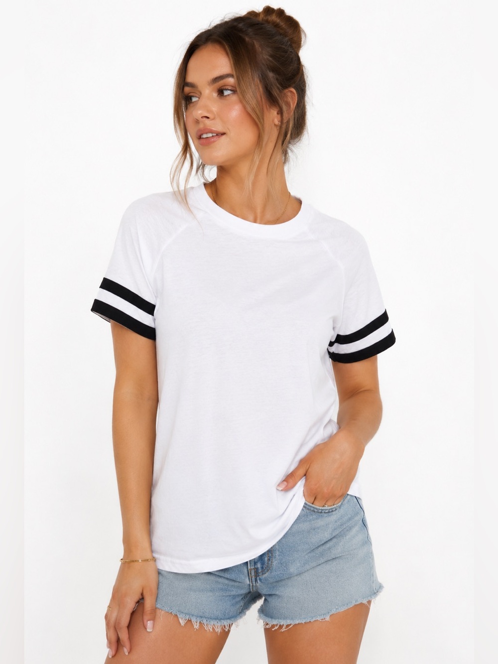 ADIBOSY White Varsity Stripe Short Sleeve Tee Size M Casual Crewneck